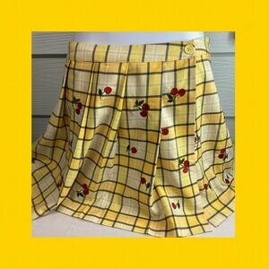 Yellow Plaid Skirt with Cherry Embroidery